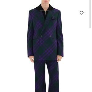Burberry Wool Deep Royal Check Green Purple Double Breasted Coat 52 NEW Jacket